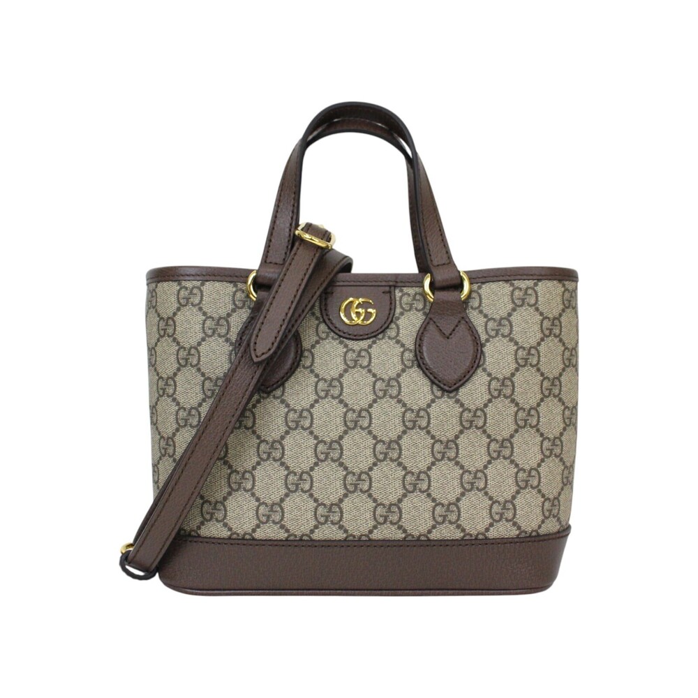 GUCCI Tote Bag Beige Tan Ebony Brown GG Supreme Canvas Leather Handbag